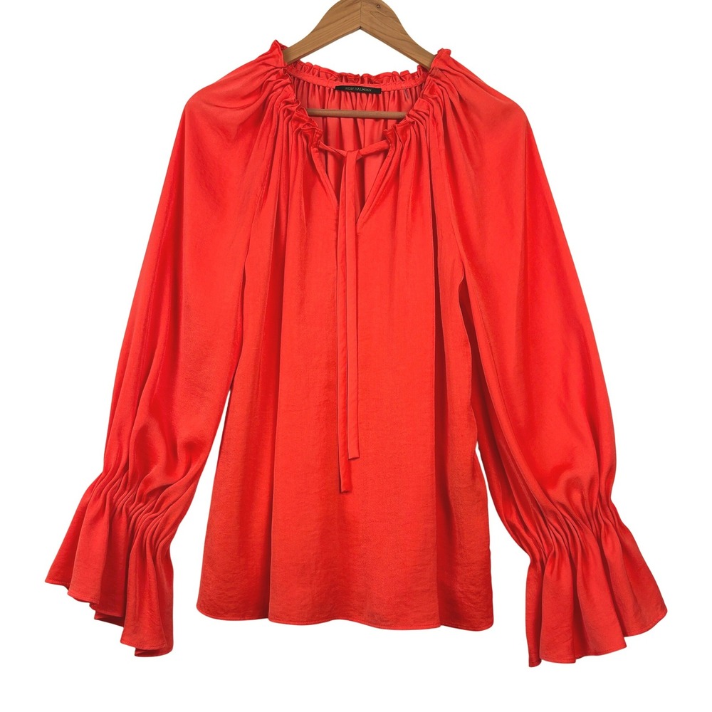 Kobi Halperin Women Tie Neck Ruffle Cuff Blouse Sz L Red Luxury Date Night Chic